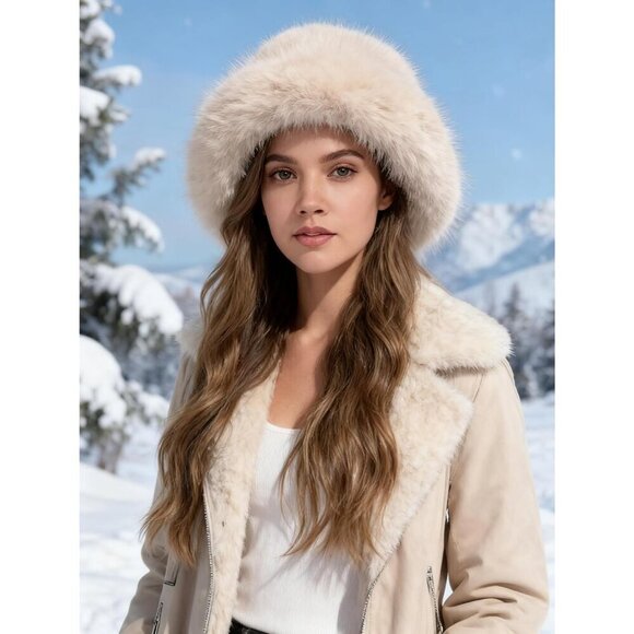 Women\'s Beige Oversized Winter Long Pile Fur Wide Moldable Brim Warmer Cap main image 6